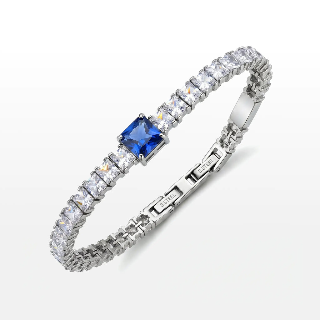 PULSEIRA GLOW RIVIERA ZIRCÔNIA BRANCA 5MM E UMA AZUL 7MM GARRA QUADRADA FECHO DOBRÁVEL COM EXTENSOR