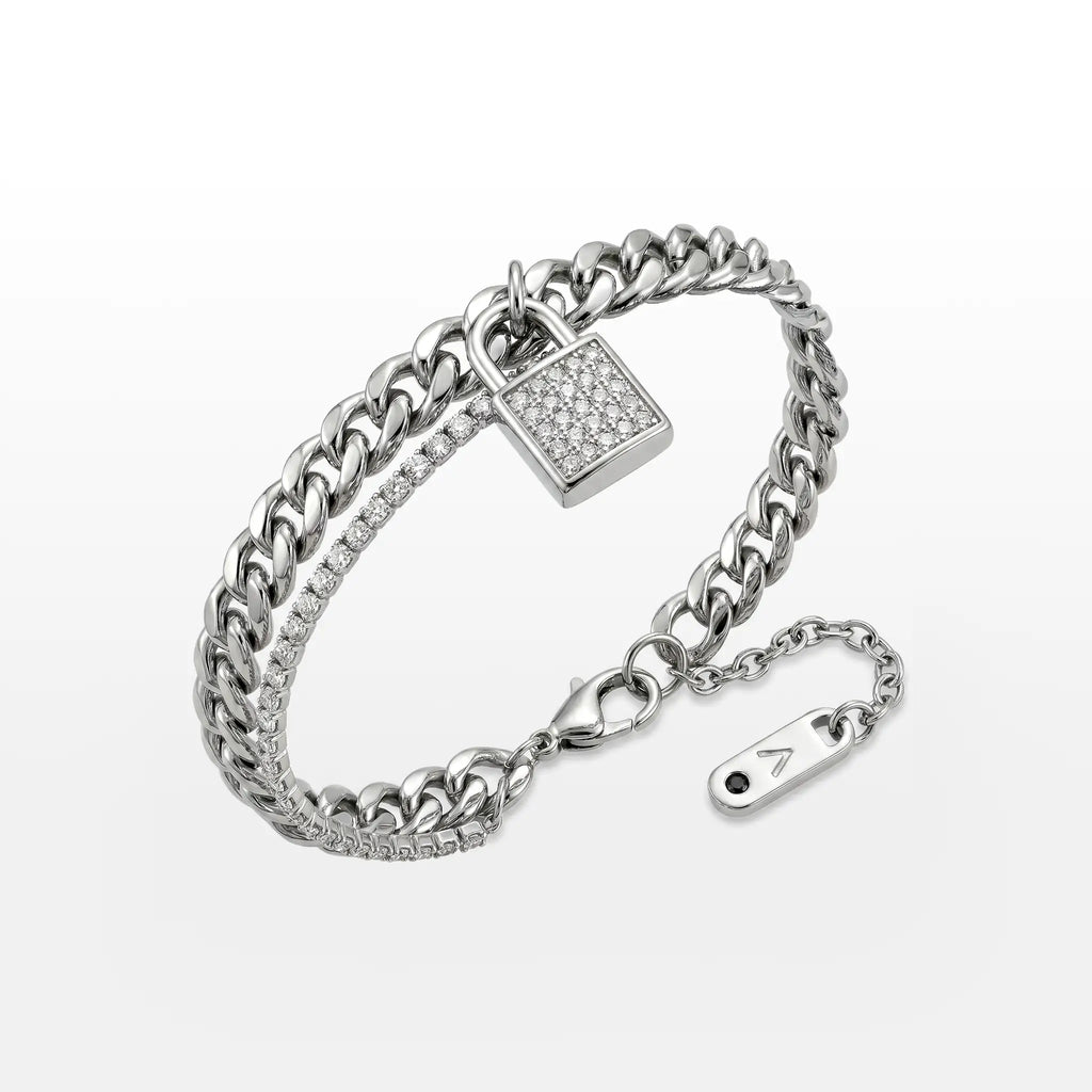 PULSEIRA MAX DUPLO ELO GRUMET E RIVIERA ZIRCÔNIAS PINGENTE CADEADO