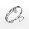 PULSEIRA MAX DUPLO ELO GRUMET E RIVIERA ZIRCÔNIAS PINGENTE CADEADO