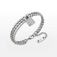 PULSEIRA MAX DUPLO ELO GRUMET E RIVIERA ZIRCÔNIAS PINGENTE CADEADO