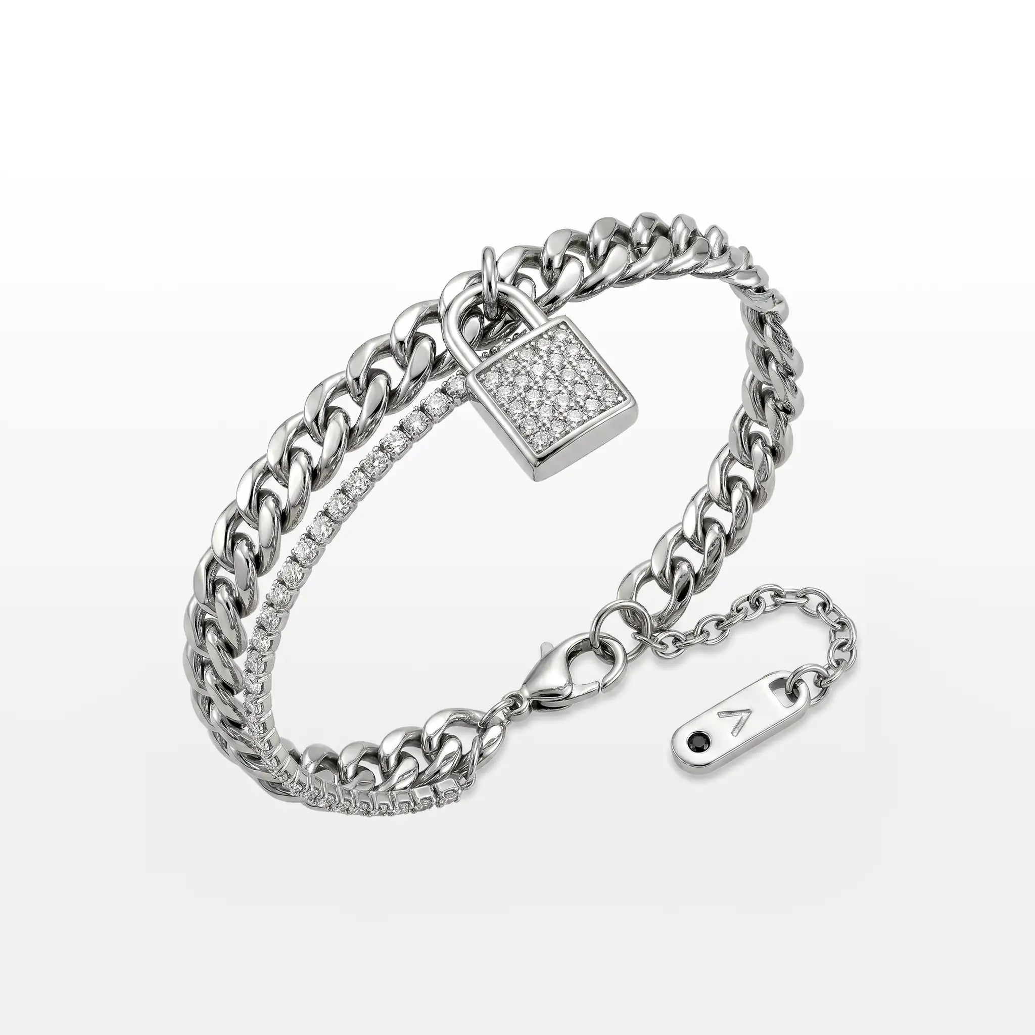 PULSEIRA MAX DUPLO ELO GRUMET E RIVIERA ZIRCÔNIAS PINGENTE CADEADO