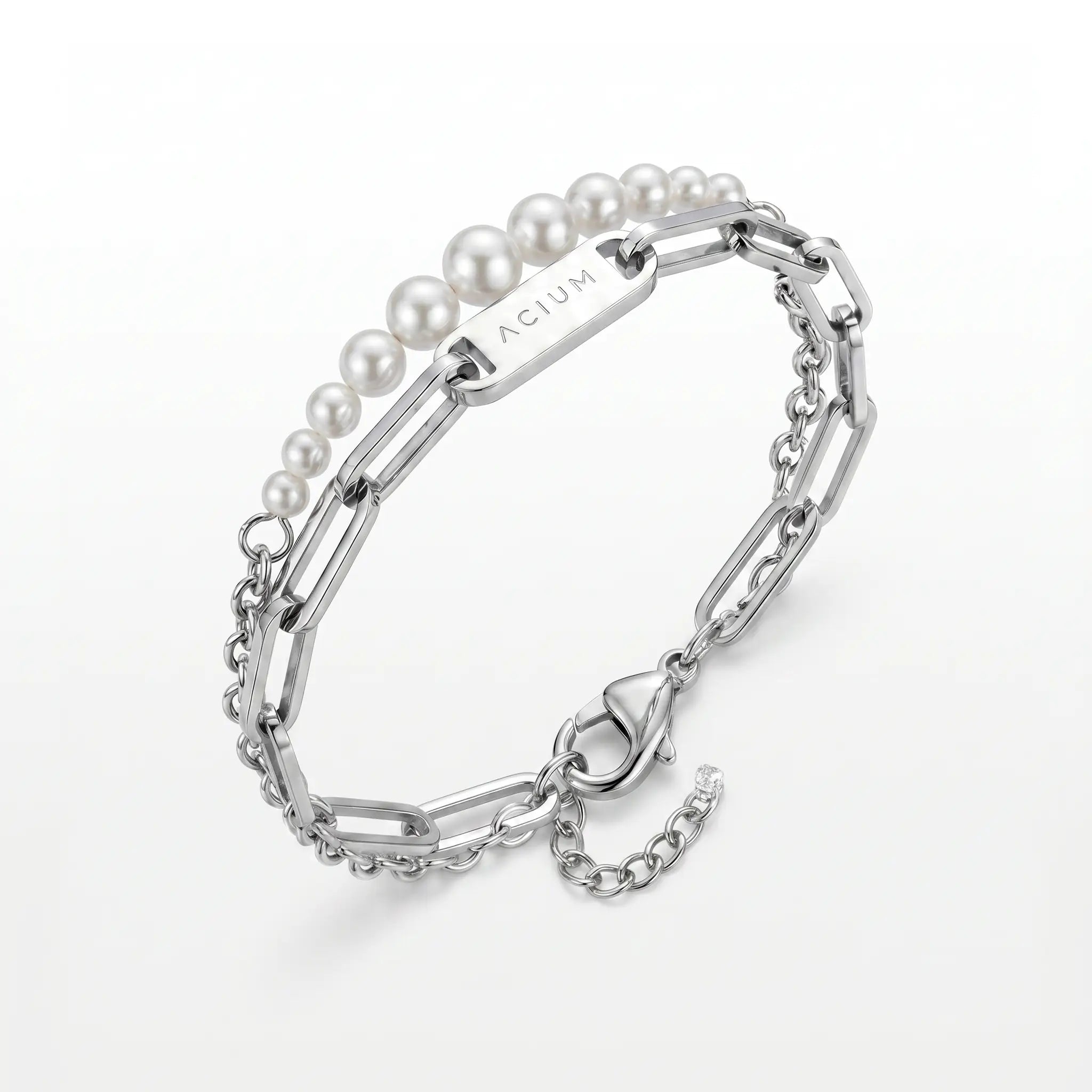 PULSEIRA PRIME DUPLO ELO GRUMET E CADEADA ALONGADA AÇO COM PÉROLAS