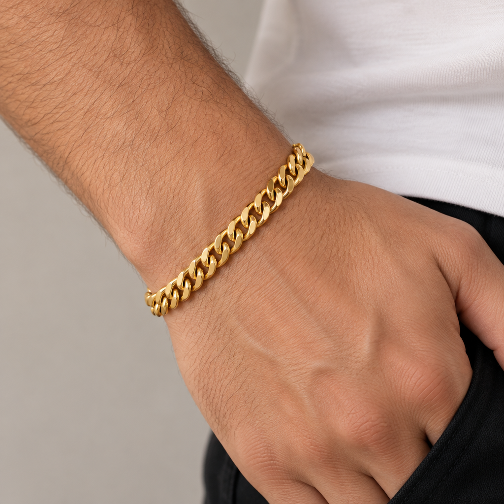 PULSEIRA EM AÇO COM BANHO DE OURO ELO GRUMET FECHO ALGEMA