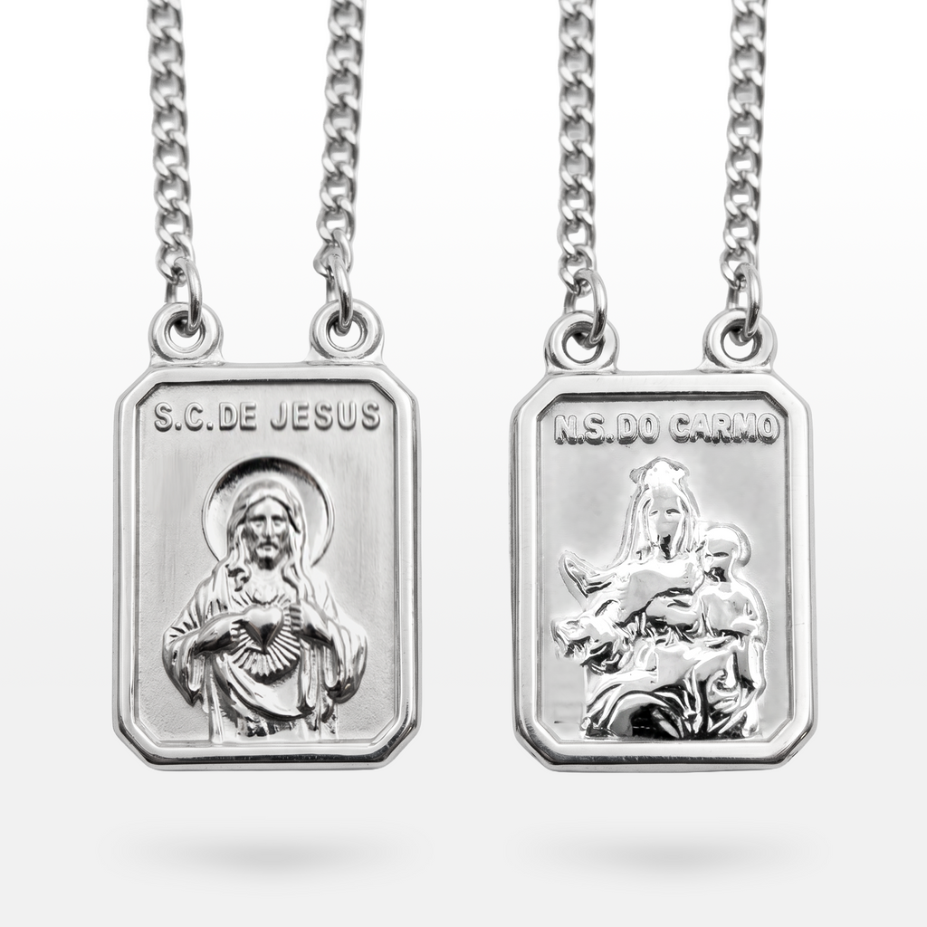 ESCAPULÁRIO CORRENTE GRUMET 70CM PLACAS SAGRADO CORAÇÃO DE JESUS E NOSSA SENHORA DO CARMO "M"