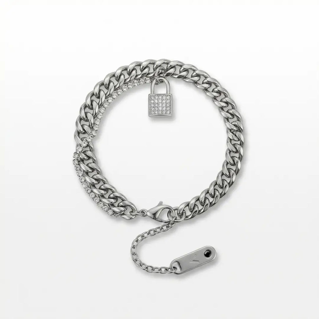 PULSEIRA MAX DUPLO ELO GRUMET E RIVIERA ZIRCÔNIAS PINGENTE CADEADO