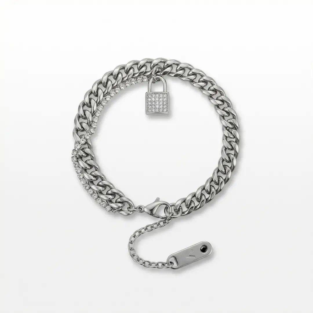 PULSEIRA MAX DUPLO ELO GRUMET E RIVIERA ZIRCÔNIAS PINGENTE CADEADO