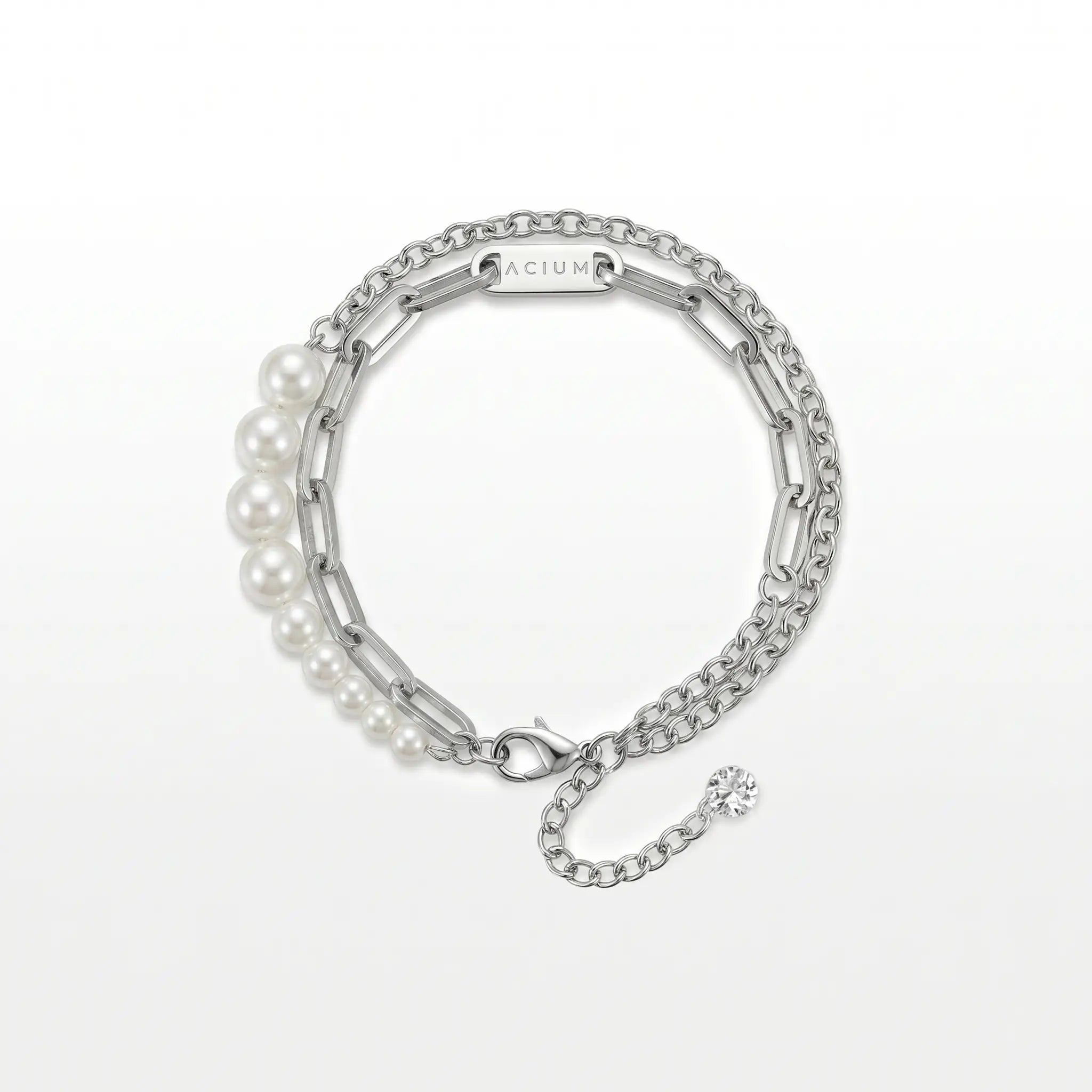 PULSEIRA PRIME DUPLO ELO GRUMET E CADEADA ALONGADA AÇO COM PÉROLAS