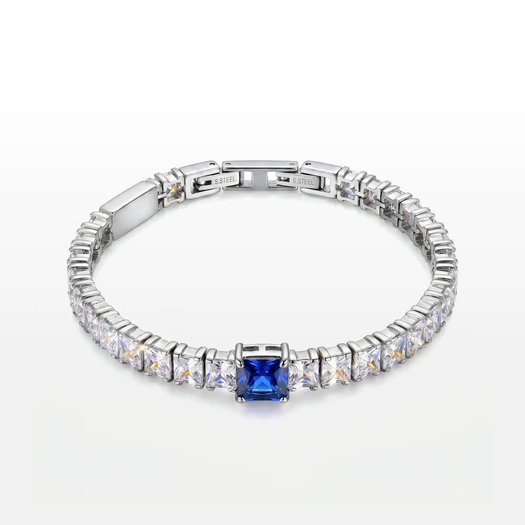 PULSEIRA GLOW RIVIERA ZIRCÔNIA BRANCA 5MM E UMA AZUL 7MM GARRA QUADRADA FECHO DOBRÁVEL COM EXTENSOR