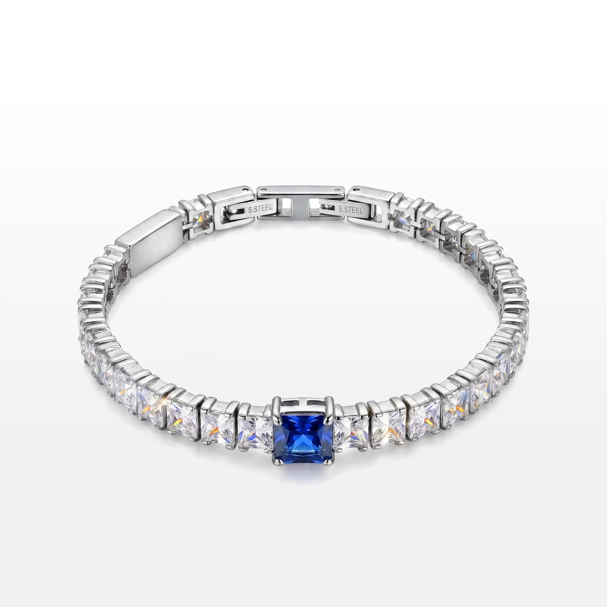 PULSEIRA GLOW RIVIERA ZIRCÔNIA BRANCA 5MM E UMA AZUL 7MM GARRA QUADRADA FECHO DOBRÁVEL COM EXTENSOR