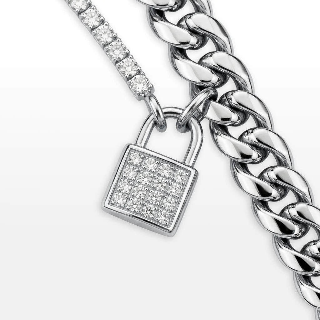 PULSEIRA MAX DUPLO ELO GRUMET E RIVIERA ZIRCÔNIAS PINGENTE CADEADO