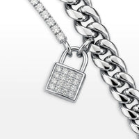 PULSEIRA MAX DUPLO ELO GRUMET E RIVIERA ZIRCÔNIAS PINGENTE CADEADO
