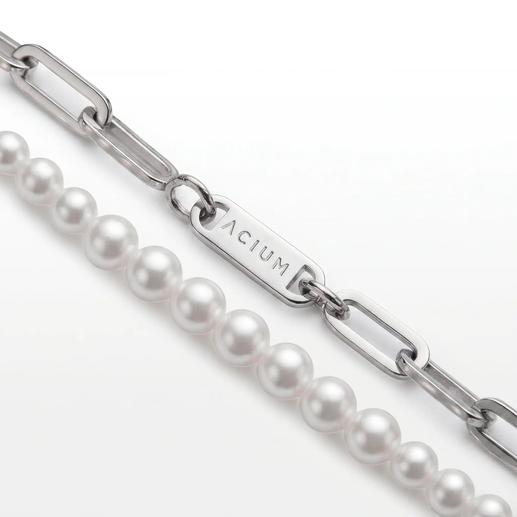 PULSEIRA PRIME DUPLO ELO GRUMET E CADEADA ALONGADA AÇO COM PÉROLAS