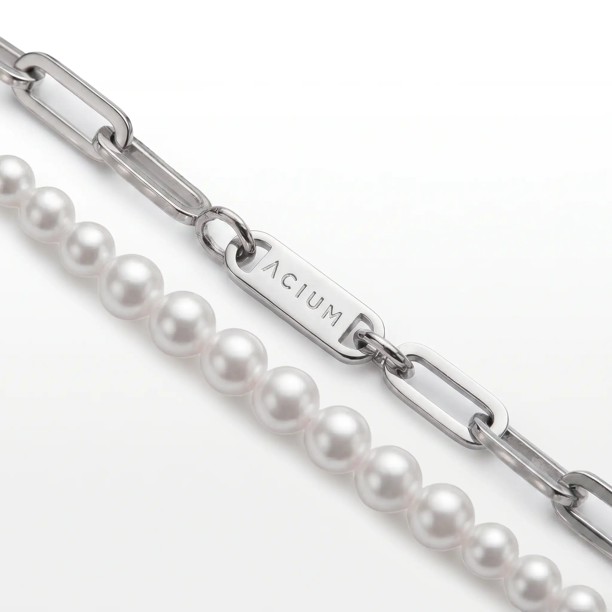 PULSEIRA PRIME DUPLO ELO GRUMET E CADEADA ALONGADA AÇO COM PÉROLAS