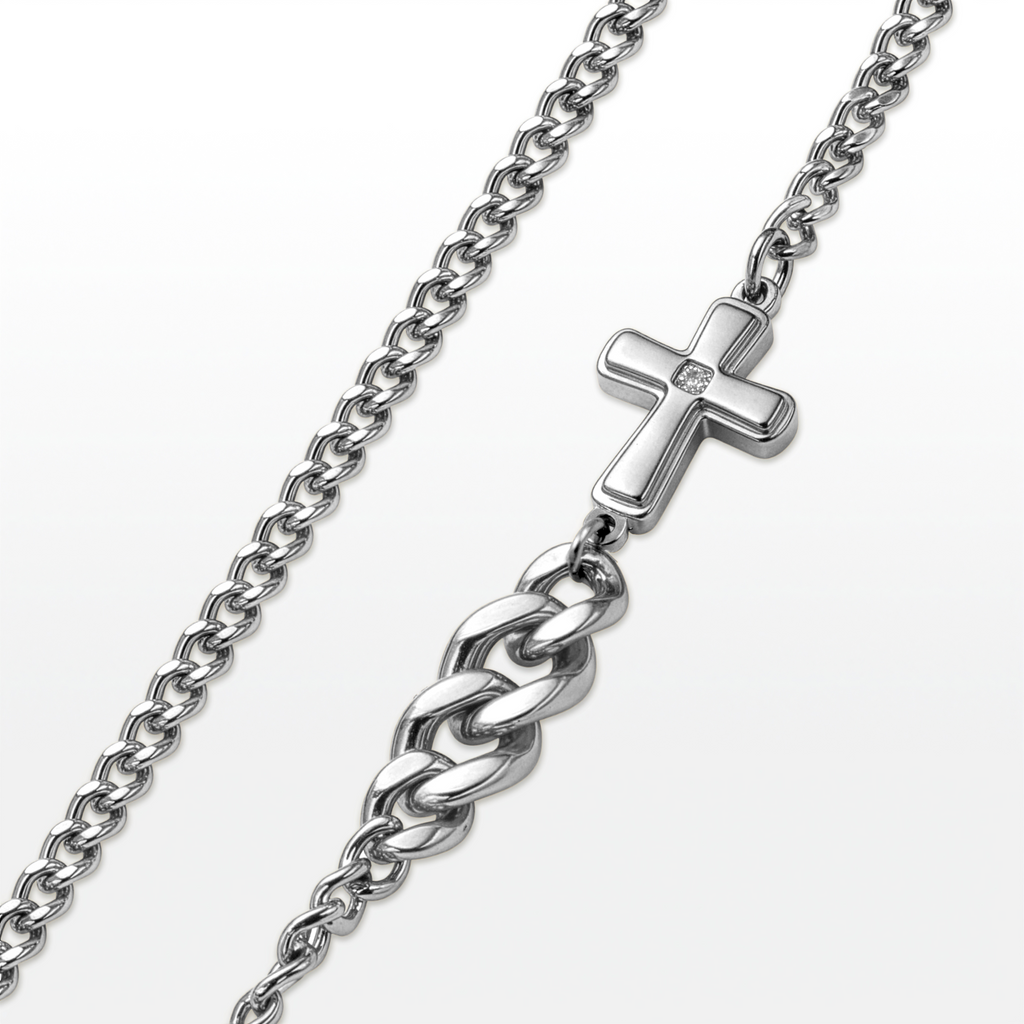 COLAR FAITH -AÇO- CORRENTE GRUMET 60CM PINGENTE "PAI ETERNO" E CRUZ FECHO LAGOSTA PREMIUM (Cópia)