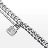 PULSEIRA MAX DUPLO ELO GRUMET E RIVIERA ZIRCÔNIAS PINGENTE CADEADO