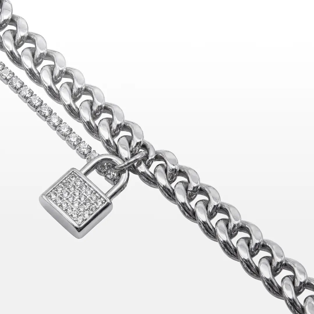 PULSEIRA MAX DUPLO ELO GRUMET E RIVIERA ZIRCÔNIAS PINGENTE CADEADO