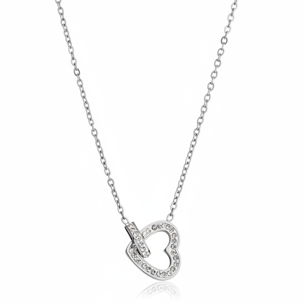 COLAR GLOW CORRENTE CADEADA 1,5MM PENDENTE CORAÇÃO VAZADO COM CRISTAIS