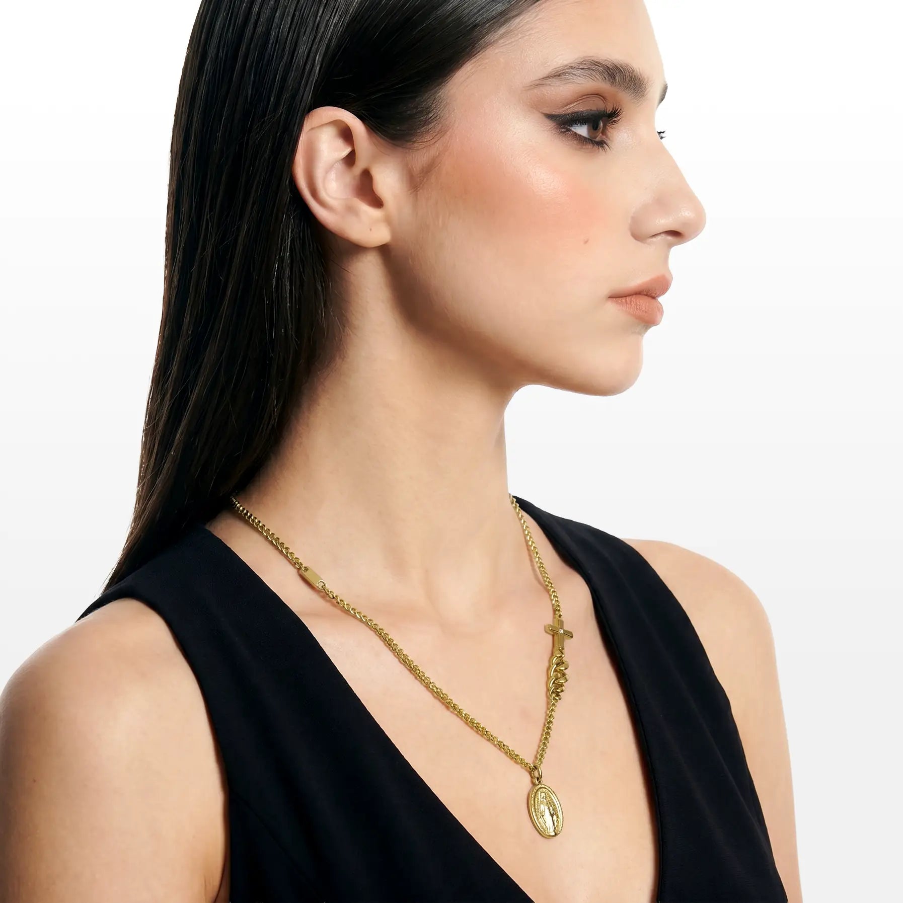 COLAR FAITH CORRENTE GRUMET 60CM PINGENTE "PAI ETERNO" E CRUZ FECHO LAGOSTA PREMIUM