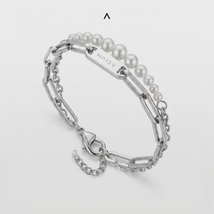 PULSEIRA PRIME DUPLO ELO GRUMET E CADEADA ALONGADA AÇO COM PÉROLAS
