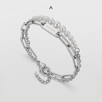 PULSEIRA PRIME DUPLO ELO GRUMET E CADEADA ALONGADA AÇO COM PÉROLAS