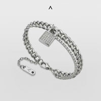 PULSEIRA MAX DUPLO ELO GRUMET E RIVIERA ZIRCÔNIAS PINGENTE CADEADO