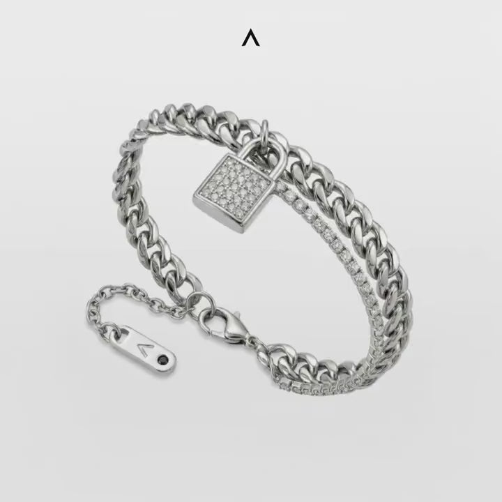 PULSEIRA MAX DUPLO ELO GRUMET E RIVIERA ZIRCÔNIAS PINGENTE CADEADO